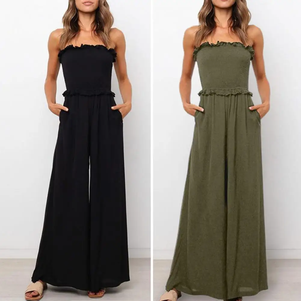 

Elegant Women Party Jumpsuit Off Shoulder Shirring Sleeveless Solid Color Elastic Bust Wide Leg Summer Jumpsuits monos largos