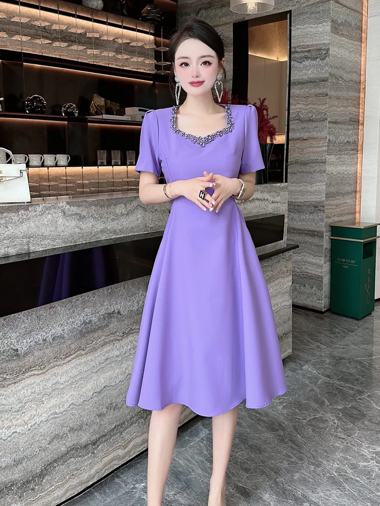 

ZJYT Luxury Diamonds Summer Dresses for Women Party 2023 Elegant Simple Purple Vestidos Short Sleeve Ladies Special Occasions