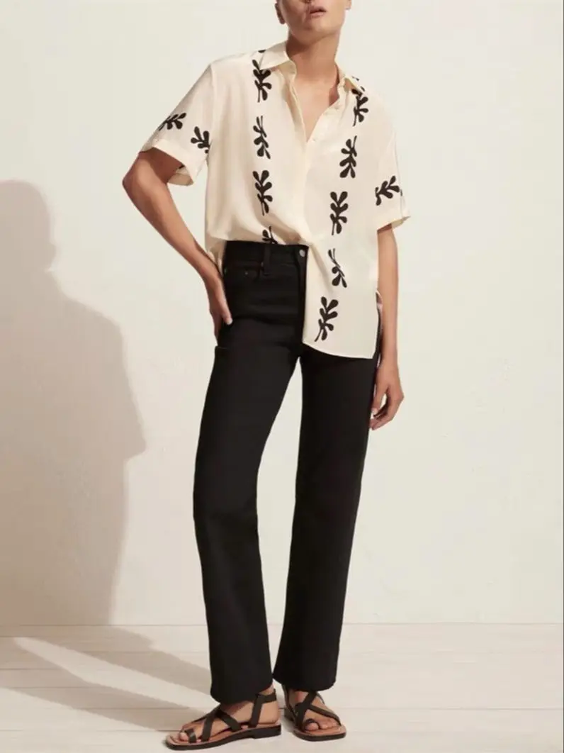 

Women Coral Print 100% Silk Blouse Summer New Ladies French Turn-Down Cooar Covered Button Short Sleeve Shirt Tops