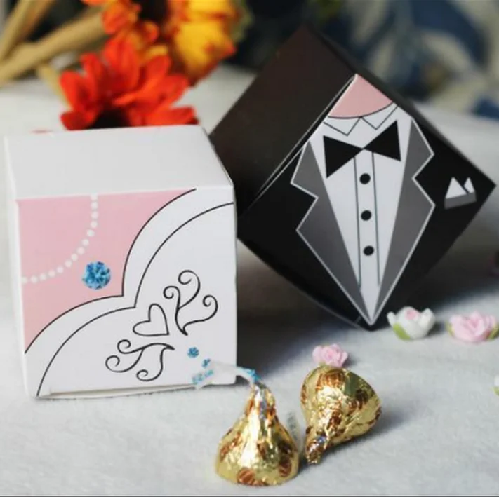 

100 шт Акция! Белый/Черный Жених и невеста смокинг квадратный конфеты коробки, свадебные сувениры подарочная коробка шоколада Бумага коробка