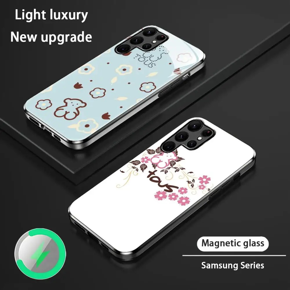 Фото Роскошный чехол для телефона с логотипом медведя для Samsung S26 S25 S24 S23 S22 S21 S20 Plus Ultra, стеклянный магнитный чехол T-Tou-SES №1