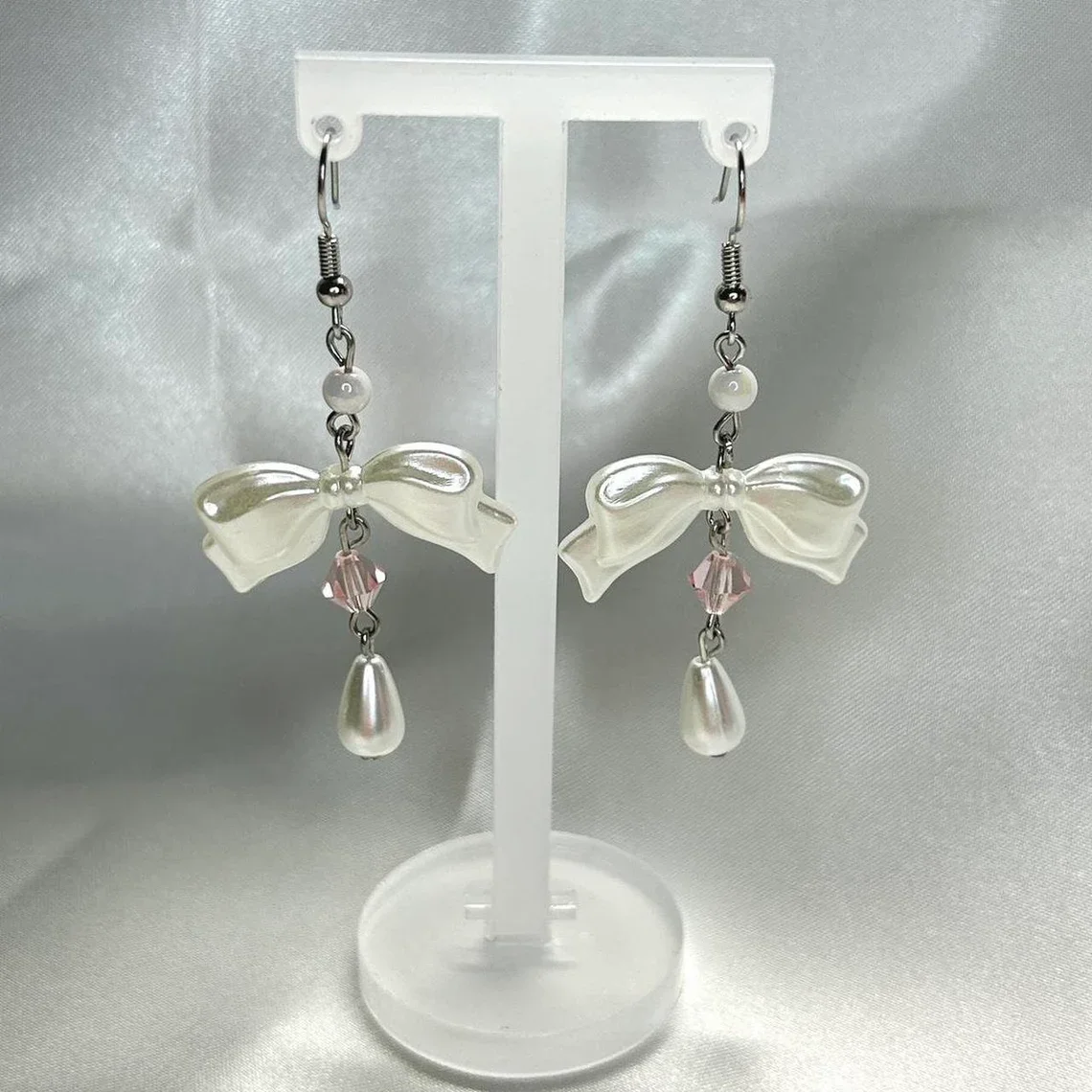Изысканные серьги-бантики | Розовые белые серьги очаровательный сердечник