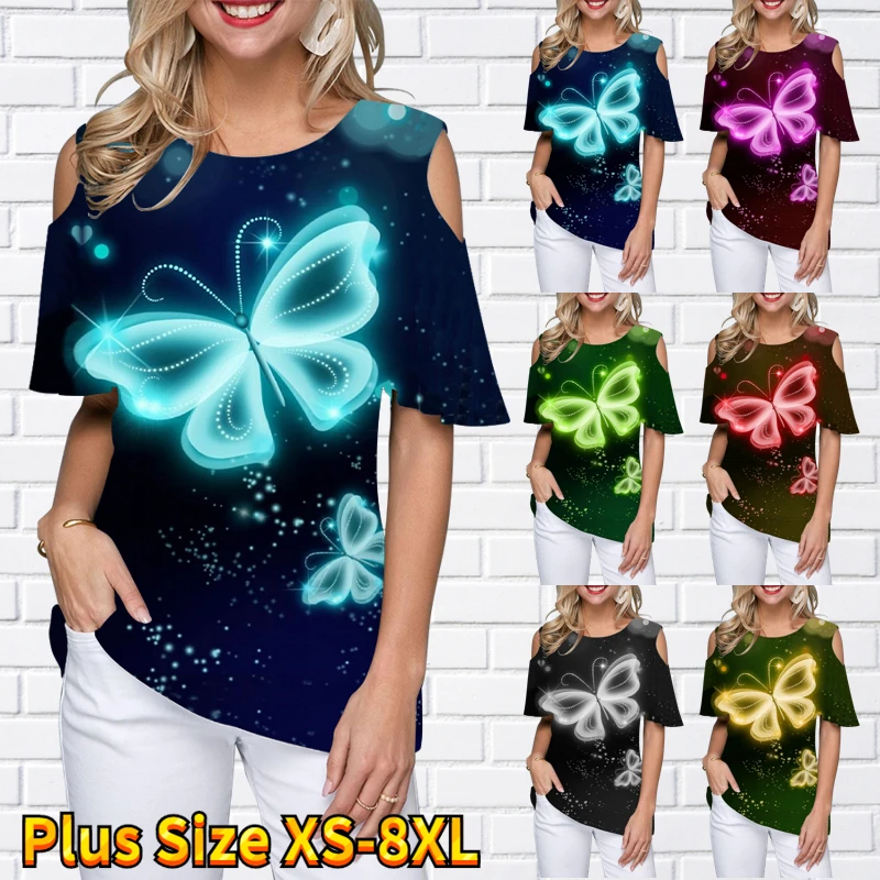 

2023 Women's New Design Printing Summer Sexy Top Round Neck Short Sleeve Oversized New Off-the-shoulder Pullover T-shirt XS-8XL