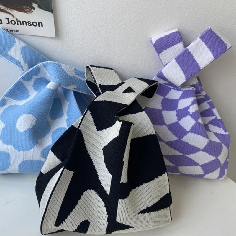 Модная черно-белая Асимметричная вязаная сумка-тоут с графическим рисунком