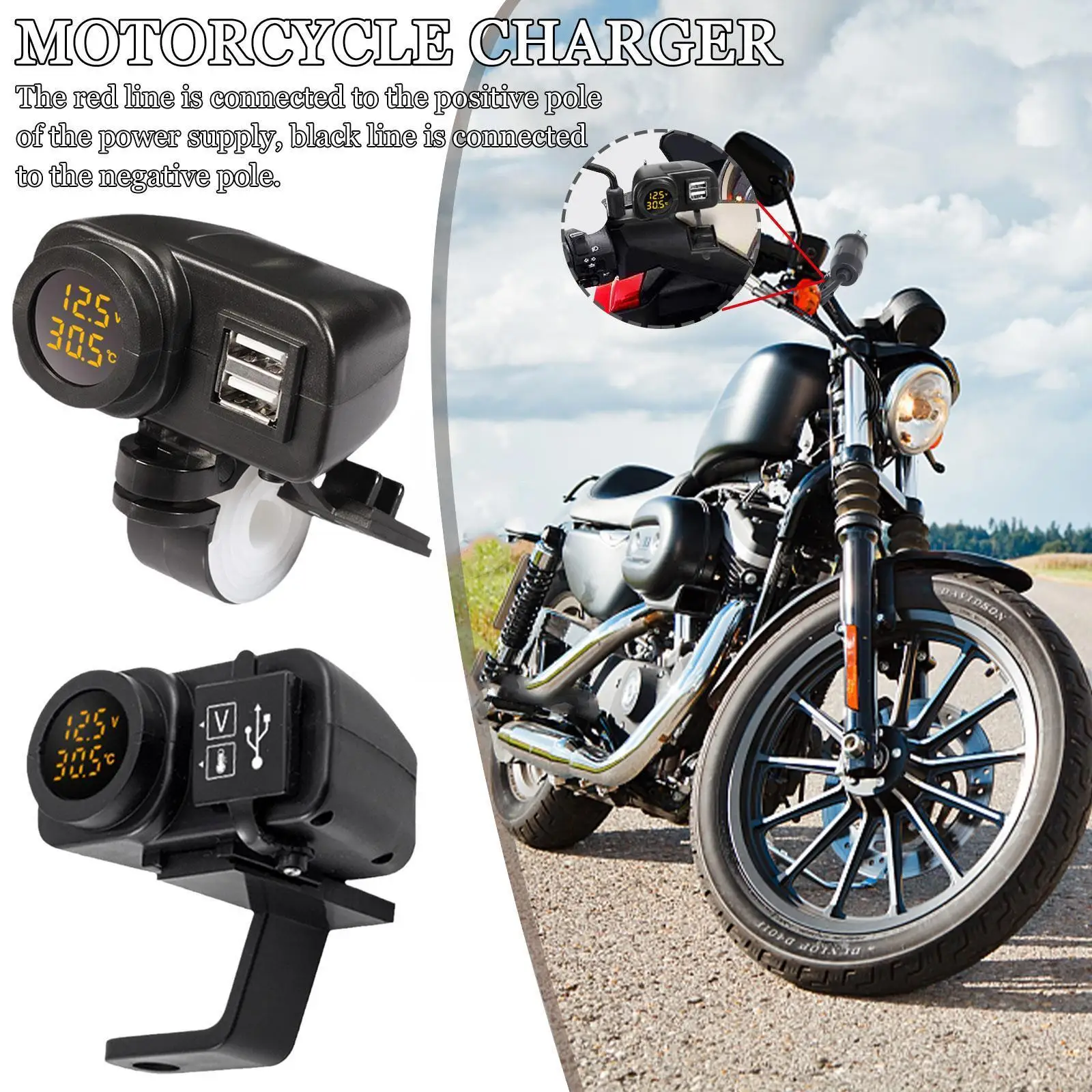 

Цифровой дисплей для мотоцикла, быстрое зарядное устройство с двумя Usb-портами, вольтметр, разъем, мобильный дисплей, термометр, зарядное ус...
