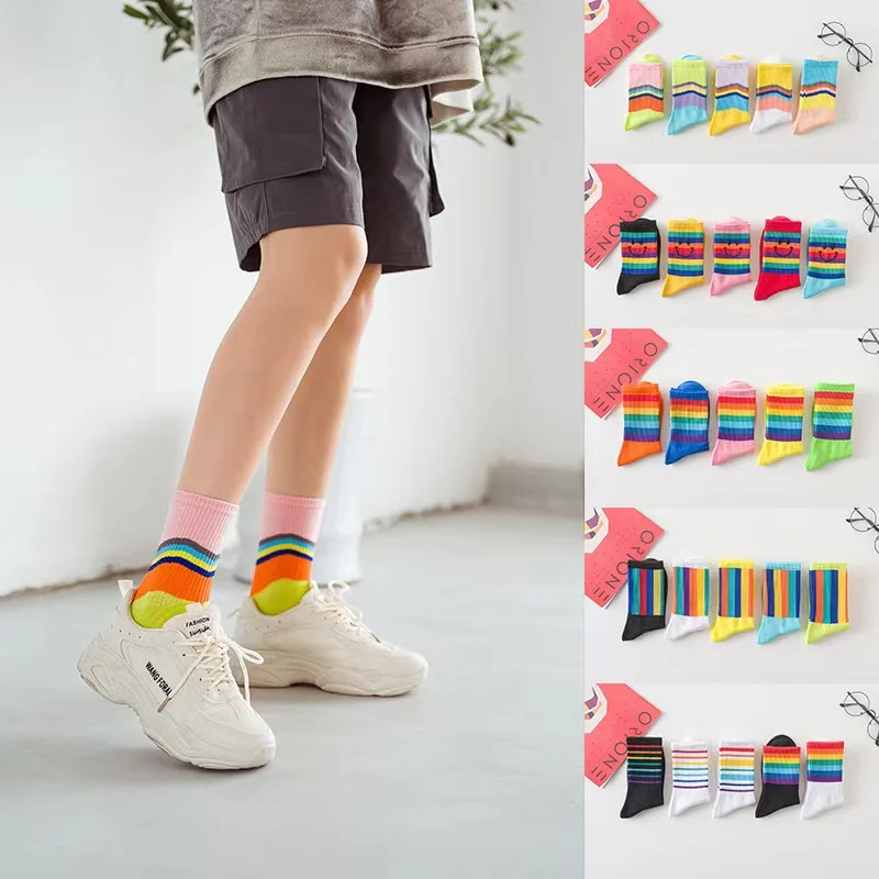 5Pairs/Lot Colourful Rainbow Cotton Sock For Women Streetwear Comfortable Ladies Socks