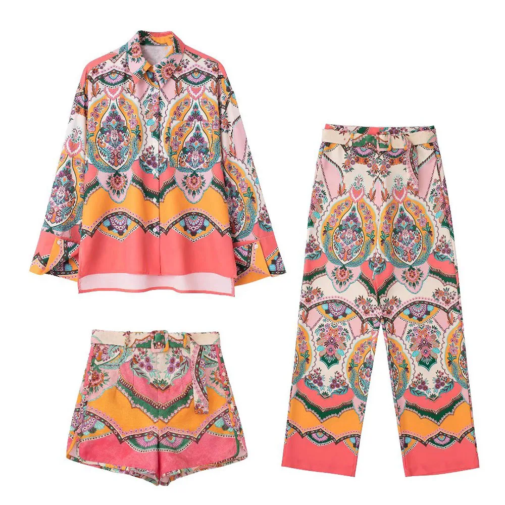 

2022 New Fashion Elegant Woman Shirt Long Sleeve Button Printed Lady Blouse +High Waist Shorts +Wide Leg Pant Suits