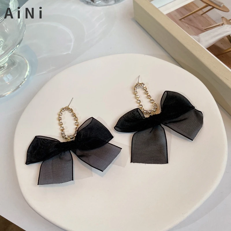 

Fashion Jewelry 925 Silver needle Black Bow Earrings 2022 New Trend Elegant Temperament Crystal Drop Earrings For Women Gift