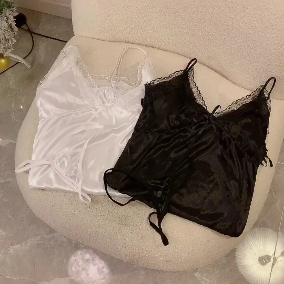 Сексуальная женская однотонная шелковая ночная рубашка на бретельках с глубоким