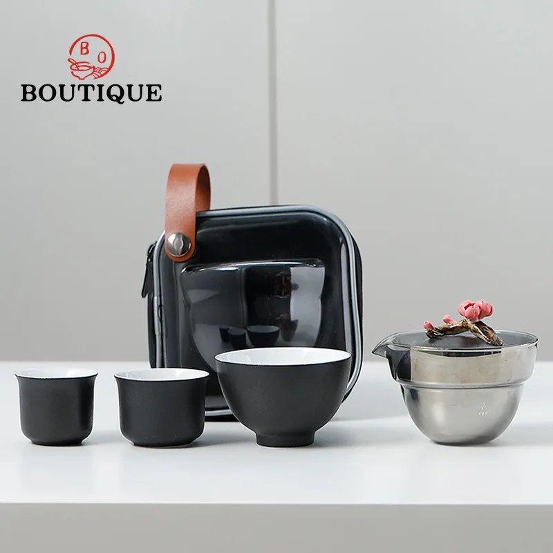 

Portable Outdoor Teaset Gift Hand-kneaded Flower Art Glass Travel Tea Set Ceramic Kung Fu Teapot with Filter Teacup 1 Pot 3 Cups