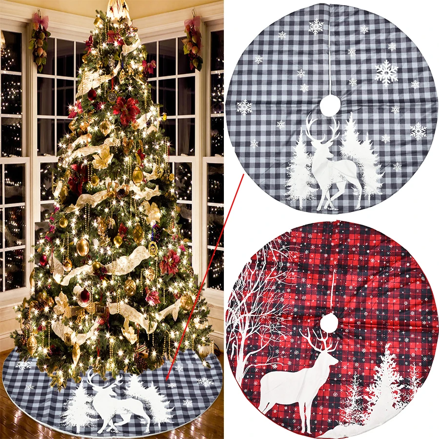 

120cm Elk Forest Christmas Tree Skirt Ornaments Red Black Plaid Pattern Xmas Tree Bottom Skirt Apron Navidas Decoracion 2023