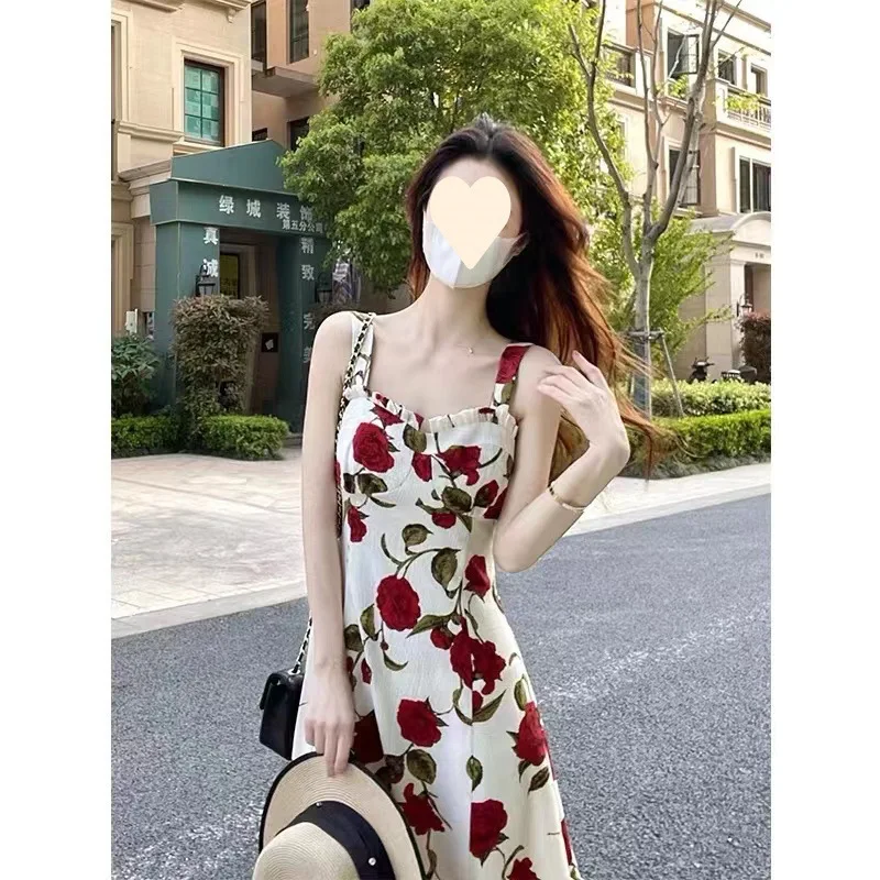 

Sexy Strap Long Dress 2023 Summer New Vintage Rose Fragmented Flower Ruffled Square Neck Dress Beach Holiday Dating Dresses