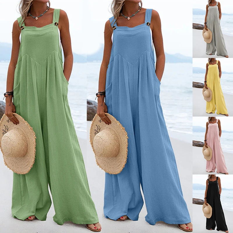 

Women Strap Loose Jumpsuit Summer Casual Wide Leg Pants Solid Dungaree Bib Overalls Sleeveless Pocket Women Jumpsuits Streetwear