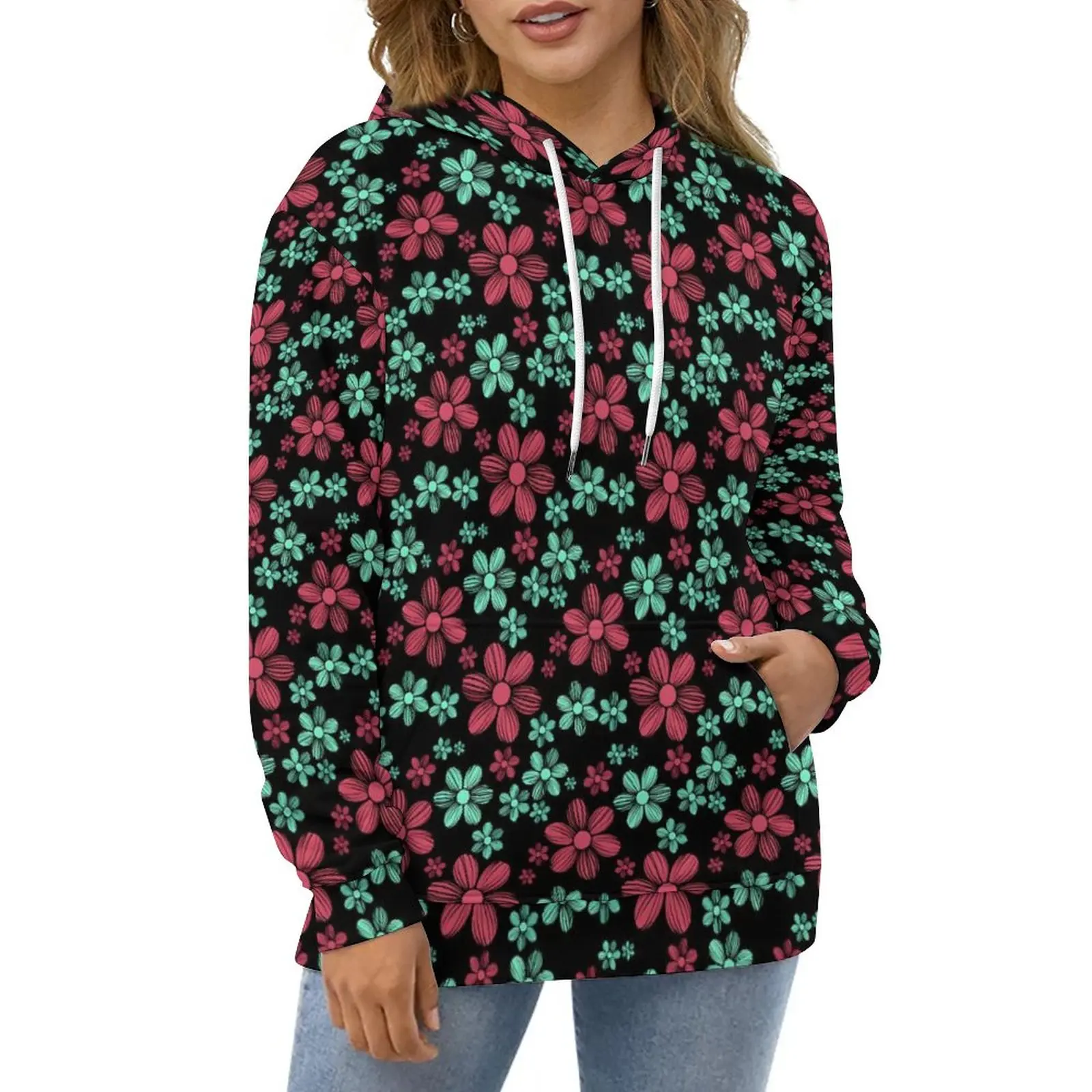 

Red And Blue Daisy Casual Hoodies Floral Print Modern Graphic Loose Hoodie Winter Long Sleeve Harajuku Oversized Sweatshirts