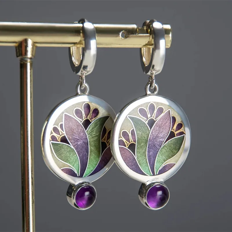 

Trendy Round Green Purple Painted Flowers Women Earrings Vintage Silver Color Metal Inlaid Purple Zircon Dangle Earrings