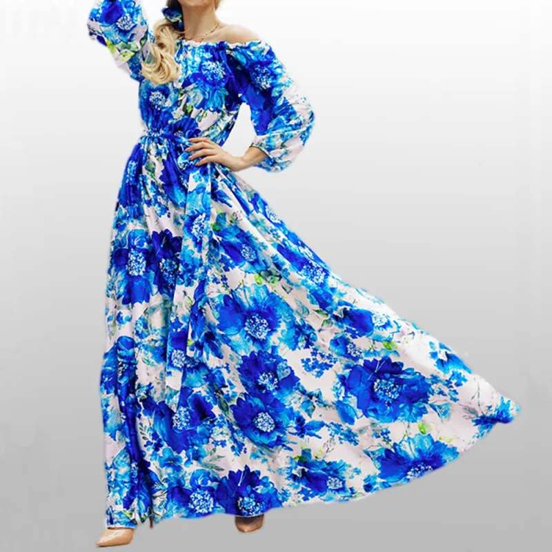 

Fashion Women Print Bohemian Beach Holiday Sundress Sexy One -shoulder Elegant Lady Maxi Dress For Women Long Sleeve Vestidos