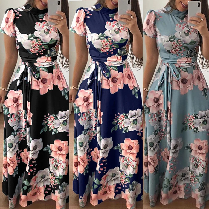 

Plus Size Women's Summer Long Maxi Dress 2020 Casual Long-sleeved Flower Print Casual High-neck Bandage Dress