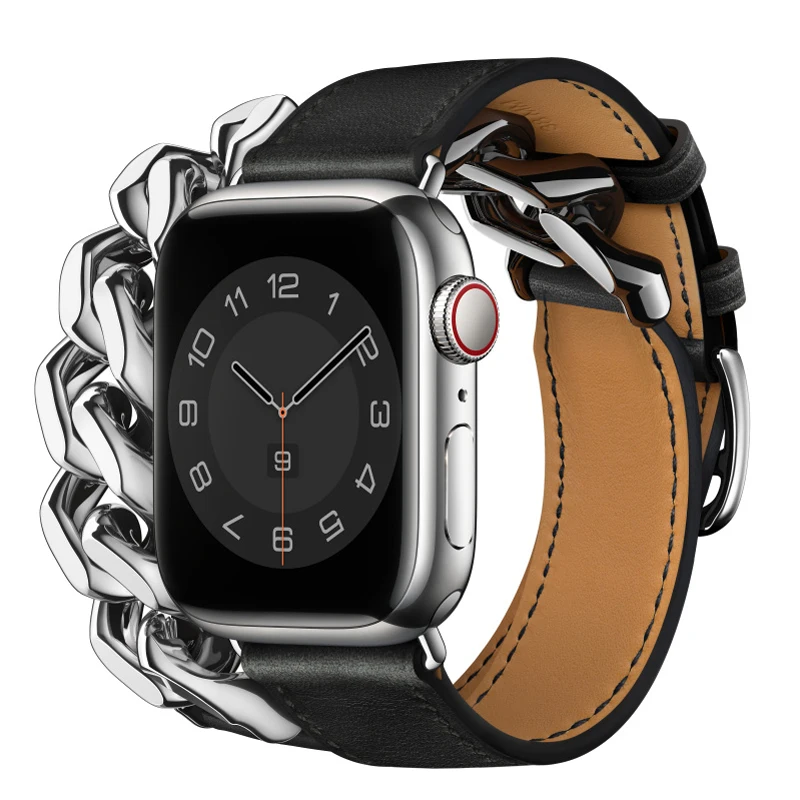 

Кожаный металлический двойной браслет Gourmette для Apple Watch Band Ultra 49 мм Series 8 7 6 Se, ремешок из 54321 натуральной кожи для Iwatch
