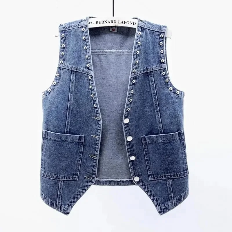 

4XL Rivets Denim Vests Women V-Neck Spring Summer Sleevless Jackets Blue Black Short Vintage Jeans Waistcoat Streetwear