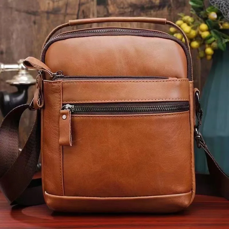 New Luxury Men Genuine Leather Shoulder Messenger Bag Retro Cowhide Crossbody Bag Casual Phone Bag For Male