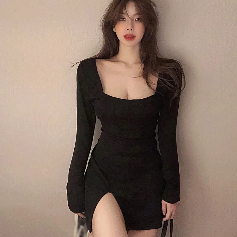 

Осеннее облегающее платье с разрезом, элегантное черное платье в рубчик с квадратным вырезом, женское вязаное модное базовое мини-платье с длинным рукавом сбоку