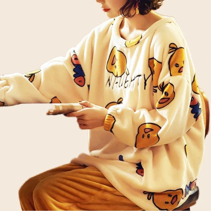 Women's Cozy Pajamas Set Flannel Pyjamas Cute Cartoon Print Homewear Full-Sleeve Long Pants 2Piece/Set Winter Sleepwear