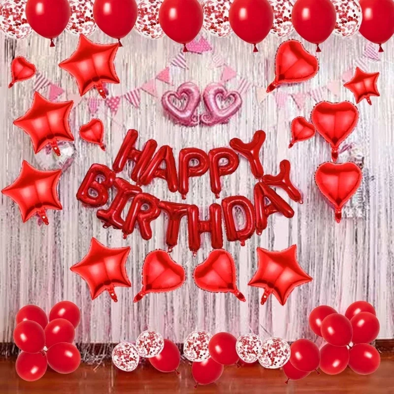 

Red Birthday Balloon Decorations 3D Foil Red Happy Birthday Balloon Banner Heart Star Foil Balloons For Birthday Party Supplies