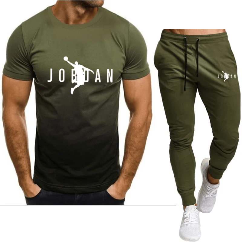 Summer men's fashion breathable top T-shirt, hot summer casual two-piece suit, running fitness sweat-absorbing sports suit