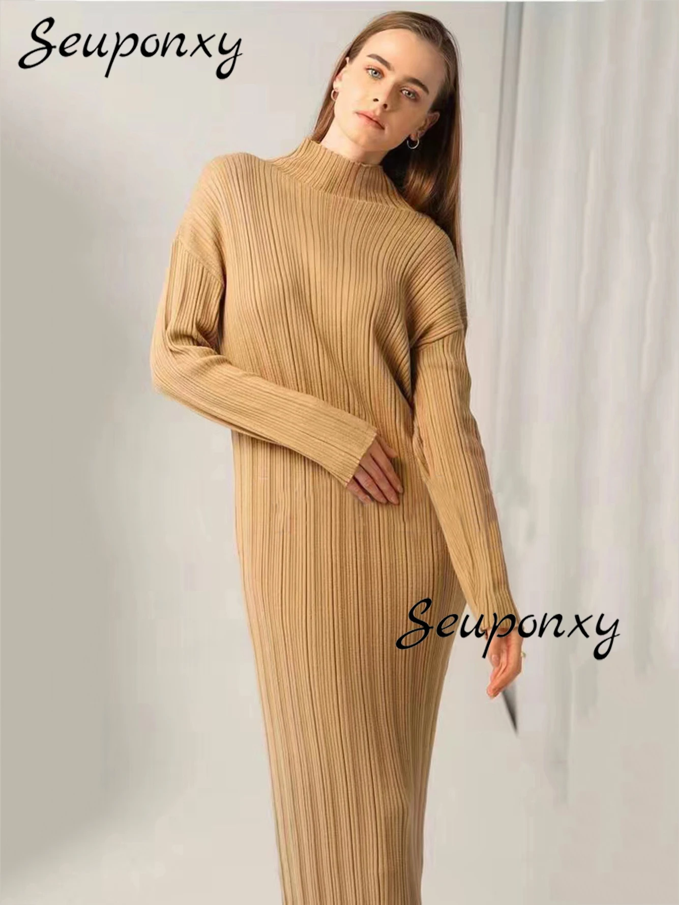 

High Quality 2022 Fall/Winter Fashion Women's Solid Color Loose Knit Dress Sexy Half Turtleneck Long Sleeve Casual Dress Vestido