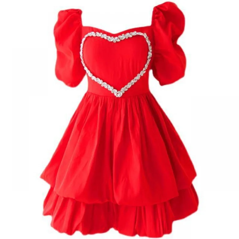 

Square collar summer vintage puff sleeve rhinestone love dress women French temperament bud party mini dress