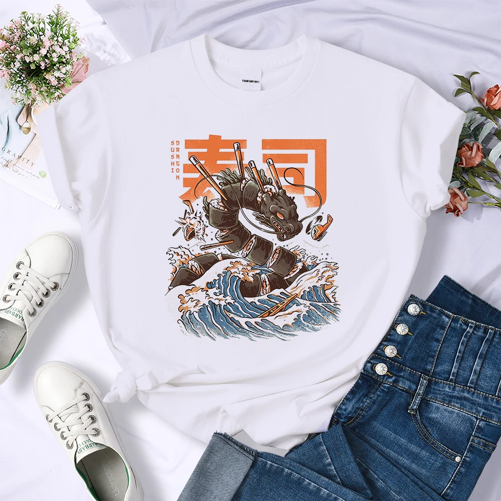 

Japan Ukiyo E Sushi Dragon T Shirts Women Street Casual T-Shirt Hip Hop Creativity Short Sleeve Summer Breathable Tshirt Women