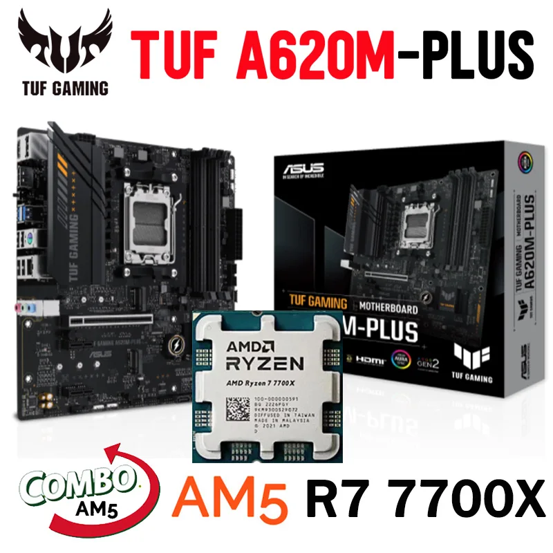 

ASUS Mainboard Desktop TUF GAMING A620M-PLUS DDR5 With AMD Ryzen 7 7700X CPU Combo Gaming M.2 128GB PCIe 4.0 DDR5 Motherboard