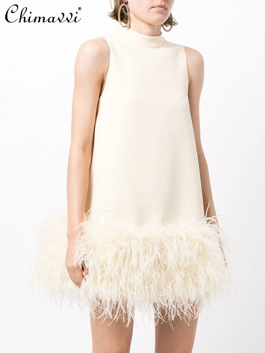 

Women's Ostrich Fur Solid Color Splicing Short Dress 2022 Summer Fashion Half Turtleneck Sleeveless Dress for Female