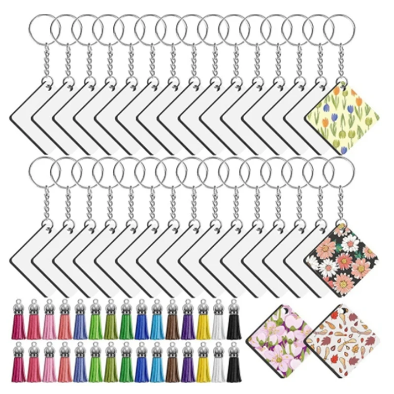 

120Pcs Square Hard Board Blank Sublimation Heat Transfer Keychain With Key Ring Jump Ring Tassel For DIY Gift Making