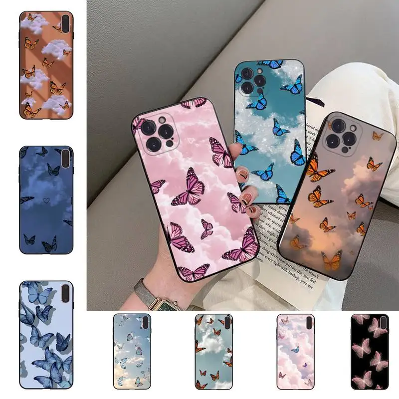 

YNDFCNB Aesthetic Cloud Sky Butterflies Phone Case For iPhone 6 7 8 Plus 11 12 13 14 Pro SE 2020 MAX Mini X XR Back Funda Cover