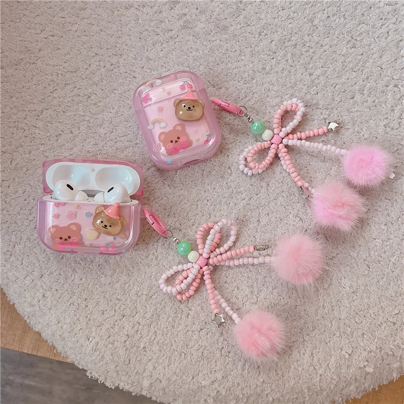 

Cute Cartoon Bear Plush Bow Tie Pendant Bluetooth Headset Cover For Airpods 1 2 3 Pro Pro2 Headphone Cover Wireless Earphone Box
