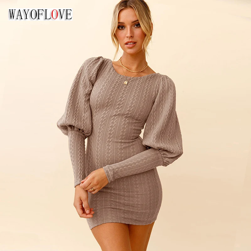 

WAYOFLOVE Autumn Winter Sexy Slim Sweater Dress Women Package Hip Lantern Sleeved Casual Knitted Dresses Bottoming Dresses Woman