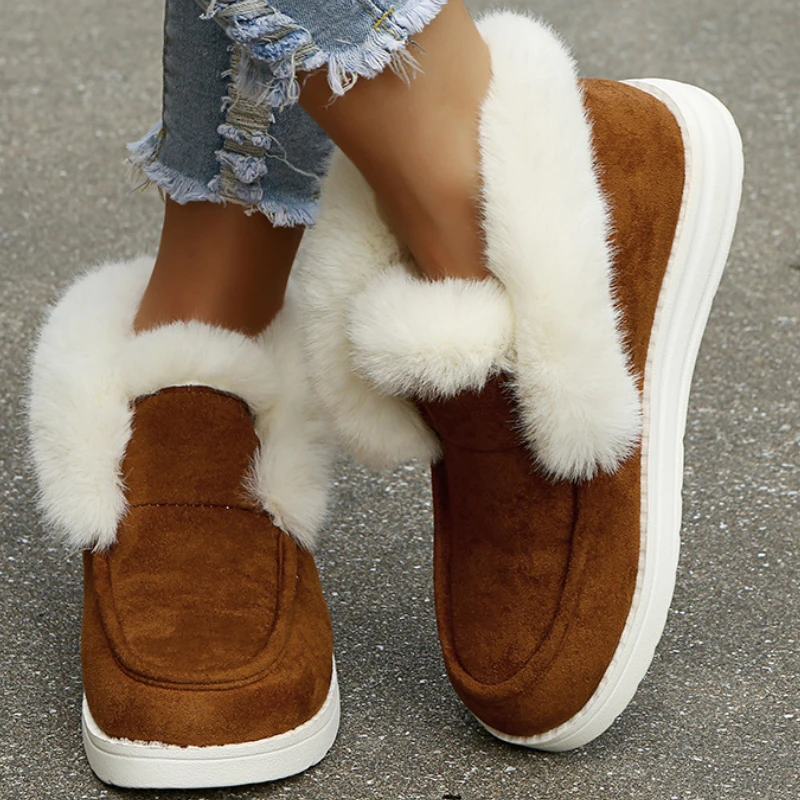 

Winter Snow Boots Plus Size Women's Solid Color Casual Suede Cotton Ankle Boots Plus Size Round Head Flat Shoes Zapatillas Mujer