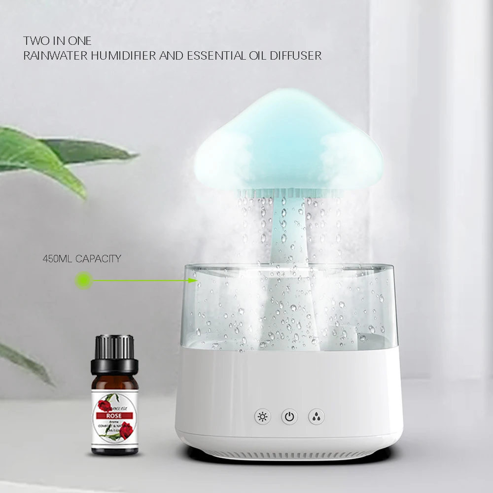 

Mushroom Air Humidifier Rain Cloud Night Light Smell Distributor Relax Aromatherapy Lamp Calming Water Drops Sounds Diffuser