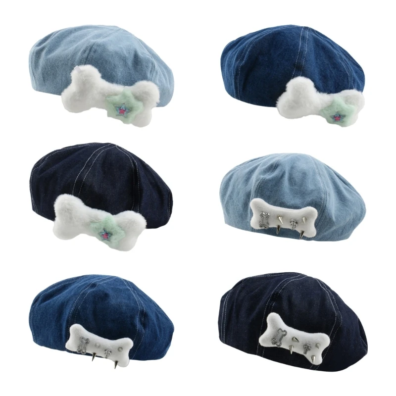 

French Style Beret Hat Pumpkin Beret with Plush Bone Decors Elegant Ladies Hat