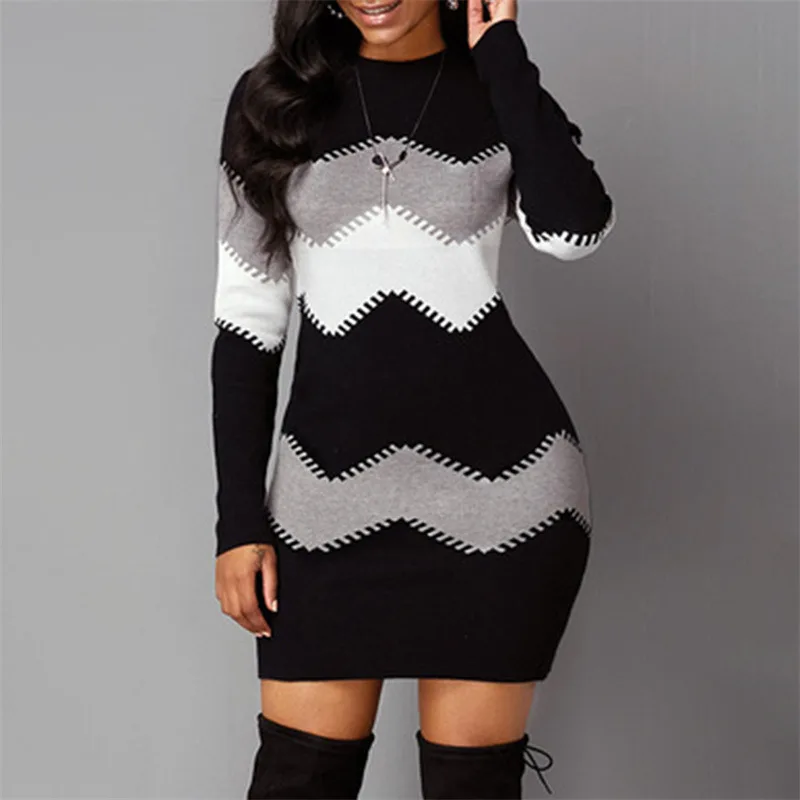 

Женское элегантное теплое мини-платье в стиле пэчворк с длинным рукавом, вязаное в рубчик платье-свитер, Повседневный пуловер с высоким воротником в стиле бохо для вечерние на осень и зиму