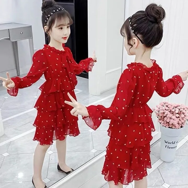

New Summer Girls Dress Student Fashion 2-12 Years Old Fairy Tight Waist Print Long Sleeve Layered Cute Casual Dress Kids Clothes