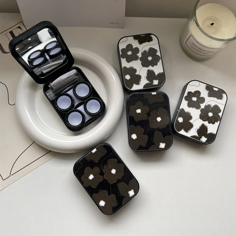 

Contact Lens Case Sweet Cool Dark Black Flowers Style for Travel Lady Portable Storage Eye Care Container with Mirror