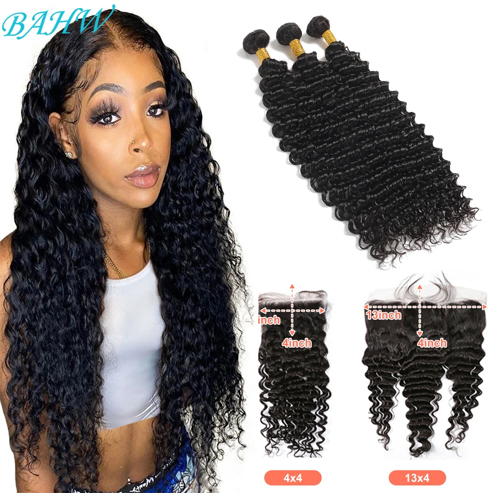 

BAHW Brazilian Deep Wave Bundles With 4x4 Lace Closure 3 4 Bundles Human Hair Deep Wave with13X4 Lace Frontal Remy Hair 30Inch