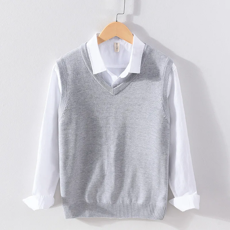 Осенне-зимний вязаный свитер без рукавов жилет базовый стиль мужской однотонный