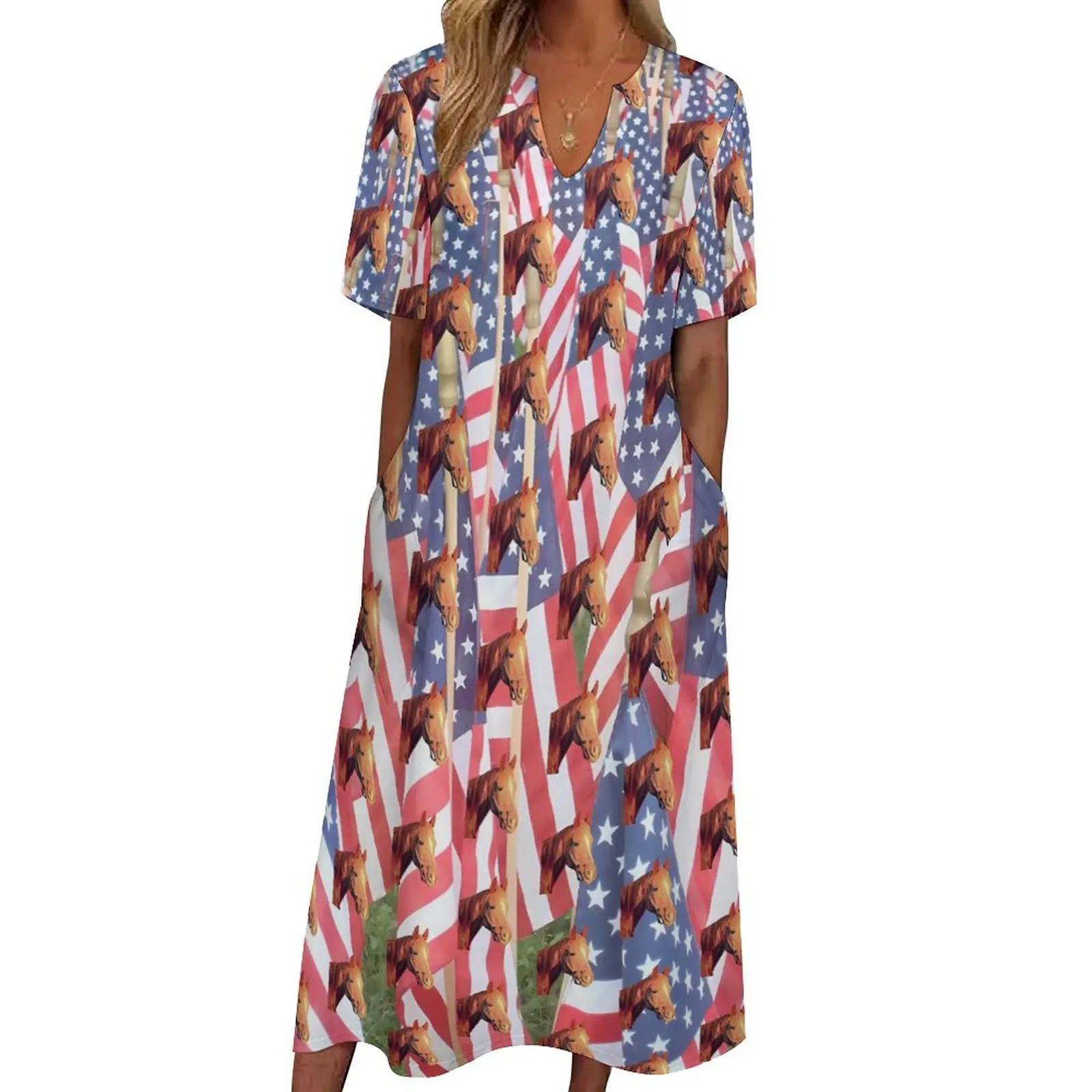 

Horse Head Dress American Flags Sexy Maxi Dress Streetwear Boho Beach Long Dresses Women V Neck Graphic Oversized Vestido