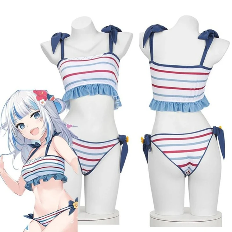 

Anime YouTube Kizuna AI Hollywood en gawr Gura Cosplay Swimsuit Women's Summer Striped Bikini Cute SWIMSUIT SET