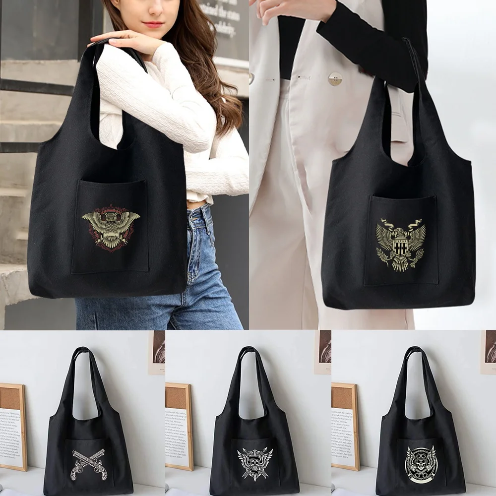 

Trendy Shopping Bags Foldable Ladies Canvas Shoulder Bags Skull Printed Student Shopper Bags Travel Totes Work Handbag
