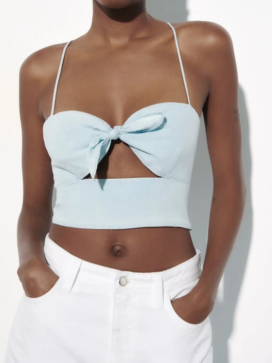 

Bow Decor Bandage Camis Summer New Sleeveless Solid Hollow Out Backless Crop Tops Women 2023 Fashion Simple Ladies Short Vest