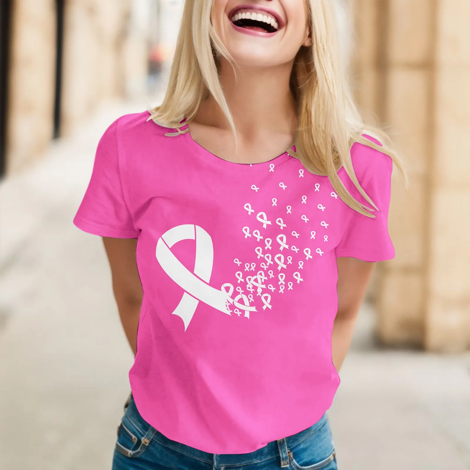 

Womens October Pink T-Shirt Breast Cancer Awareness Graphic T Shirts Round Neck Short Sleeve Female Tees Cancer Du Sein